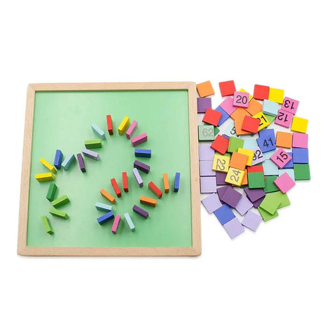 Colorful pieces and numbers on a Wooden Math Learning Board Toy For Kids, Montessori 1 To 100 Hundred Chart with natural wood frame.