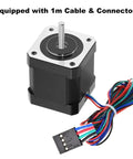 Front view of a Nema 17 stepper motor with silver faceplate and black housing, multi-color 4-lead wires and connector.