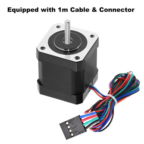 Front view of a Nema 17 stepper motor with silver faceplate and black housing, multi-color 4-lead wires and connector.