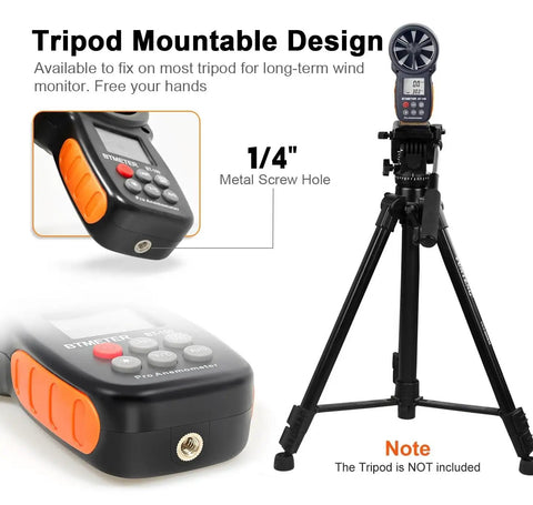 Handheld Anemometer Wind Speed And Airflow Gauge With Temperature And Wind Chill, Pro Grade Digital Meter mounted on tripod.