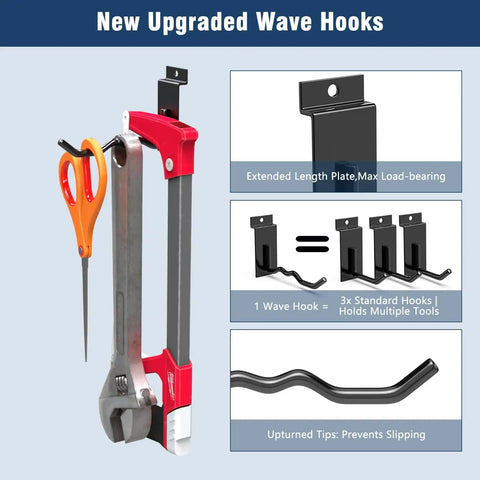 New upgraded wave hooks for Slatwall Organization Kit with nineteen pieces in seven sizes for garage and shop baskets and hooks set.