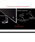 Installation sequence for Ultra Clear Acrylic Display Case For 76193 Airship Model, showing connector components and transparent plate.