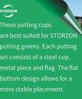 STORZON putting greens ad with text about Metal Putting Cup With Flag For Golf Training Hole, Durable Steel Cup Kit for indoor outdoor practice.