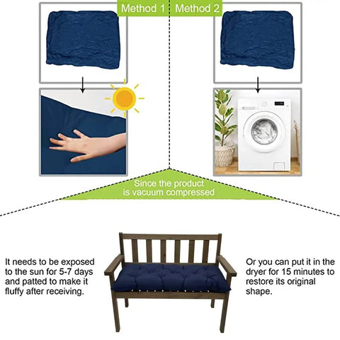 Illustration showing methods to fluff Waterproof Tufted Outdoor Chair Cushions, Thick Navy Blue Bench Cushion For Patio Furniture, 40x20"