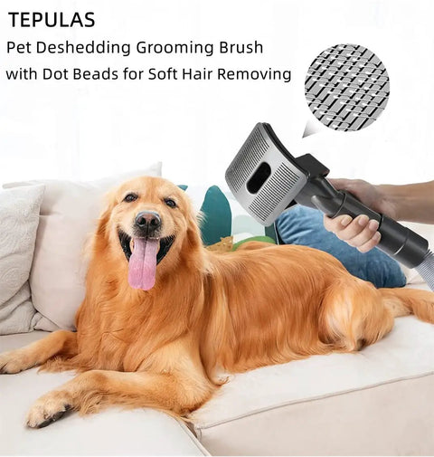 Person using Pet Vacuum Attachment Set for Dyson with Soft Deshedding Brush on a large dog.