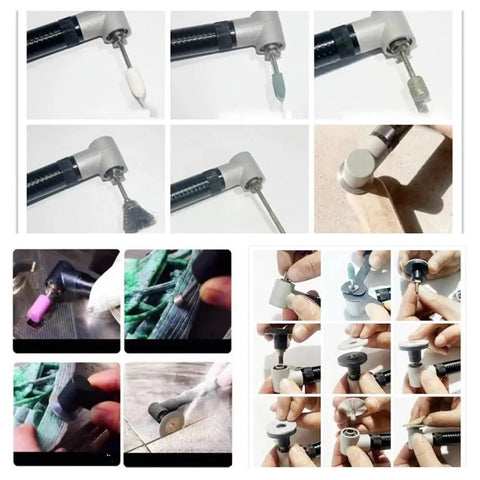 Images of Knockout Compact Angle Grinder With A Solid 90 Degree Elbow Head For Tough Cutting Grinding And Polishing In Tight Squeezes Backed By Reliable Dual Voltage Muscle showing various attachments for different tasks.