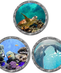 9 Piece Ocean Animals Wall Sticker Set With 3D Look Removable Peel And Stick Vinyl Decals, featuring a turtle, coral, and dolphins.