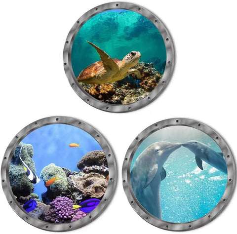 9 Piece Ocean Animals Wall Sticker Set With 3D Look Removable Peel And Stick Vinyl Decals, featuring a turtle, coral, and dolphins.