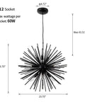 Modern Black Sputnik Chandelier 9 Light Pendant Ceiling Fixture With Starburst Firework Design For Bedroom Living Room Dining Room Kitchen Island And Hallway E12 Socket Diameter 19.7 Inches image showing front view with dimensions