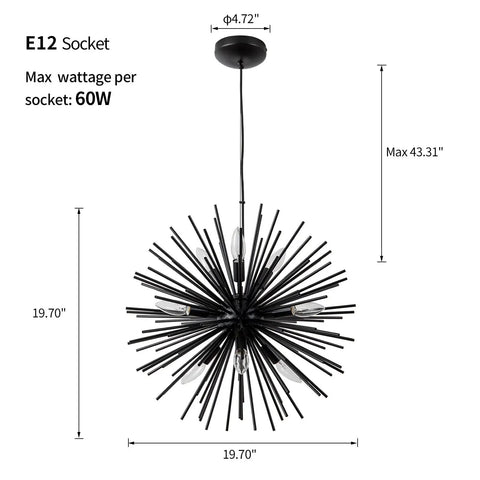 Modern Black Sputnik Chandelier 9 Light Pendant Ceiling Fixture With Starburst Firework Design For Bedroom Living Room Dining Room Kitchen Island And Hallway E12 Socket Diameter 19.7 Inches image showing front view with dimensions