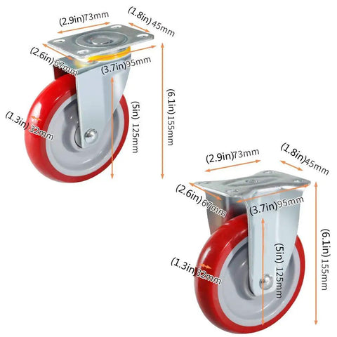 Hella Smooth Swivel Caster Wheels Set Of Four With Brake And Straight Options, red wheels, steel brackets, detailed dimensions