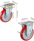 Heavy Duty Five Inch Polyurethane Swivel Casters Four Piece Furniture Wheel Set showing dimensions and features. Red non-marking wheels.
