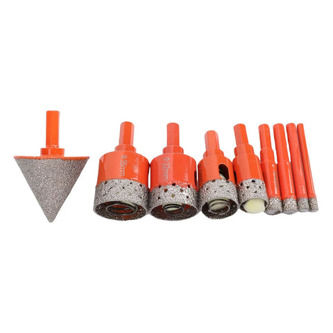 Solid 8 Piece Hole Saw Kit With Porous Vacuum Brazed Design For Tile Ceramic Glass Granite Marble Drilling Sizes 6 To 35mm Plus 2 Inch Chamfer Bit Tool, orange drill bits
