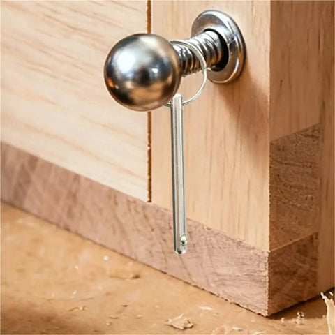 Close-up of Xuanqiu Quick Release Pin attached to wood, showcasing sturdy alloy construction for secure locking.