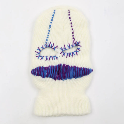 Distressed Balaclava Face Mask With Halloween Spooky Style Dope, Funny Scary Knit Full Face Ski Mask in white with purple stitching.