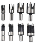 Badass 8 Piece Titanium Coated Wood Plug Cutter Drill Bit Set featuring various sizes and shapes for clean cuts in wood.