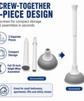 Slick Modern Toilet Plunger With 19 Inch Handle And Gray Rubber Cup Kicks Clogs Fast And Features A Snazzy Three Piece Design showing assembled and disassembled parts.