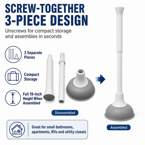 Slick Modern Toilet Plunger With 19 Inch Handle And Gray Rubber Cup Kicks Clogs Fast And Features A Snazzy Three Piece Design showing assembled and disassembled parts.
