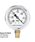 Glycerin Filled Two Point Five Inch Dial Pressure Gauge With Stainless Steel Case And Brass Wetted Parts Lower Mount Quarter Inch NPT