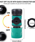 Hose Shut Off Valve Kit With Quick Connects For Garden Hoses, featuring dimensions and instruction for use, standard 3/4 inch thread.