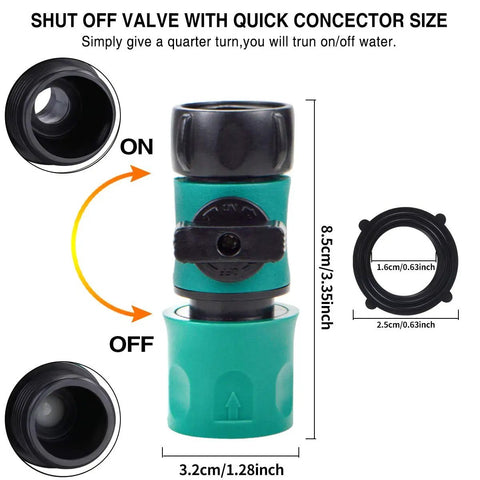 Hose Shut Off Valve Kit With Quick Connects For Garden Hoses, featuring dimensions and instruction for use, standard 3/4 inch thread.