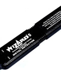 Close-up view of Lumber Wizard 5 metal detector handheld unit, black with white branding.