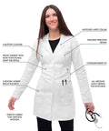 Universal Stretch Lab Coat For Women 36 Inch Tab Waist Medical Lab Coat 3304 White Medium with pockets and tailored fit