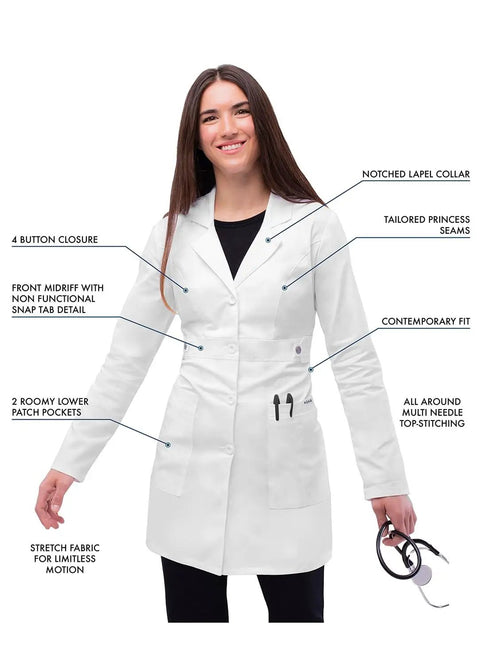 Universal Stretch Lab Coat For Women 36 Inch Tab Waist Medical Lab Coat 3304 White Medium with pockets and tailored fit