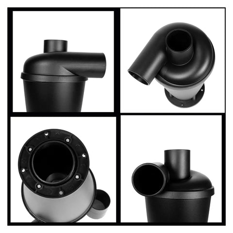 Heavy Duty Cyclone Dust Collector For Shop Vac, black plastic body with multiple connection angles and mounting options.