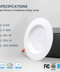 5 Or 6 Inch Led Recessed Downlight With Smooth Dimmable Ceiling Can Light, Hella Bright 16 Watt 1200 Lumens, 5Cct Adjustable Temp, No Sweat Retrofit, Clean Aluminum Trim For Tight Spaces specifications view.