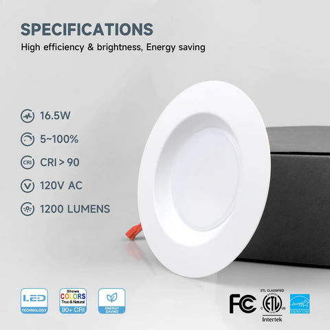 5 Or 6 Inch Led Recessed Downlight With Smooth Dimmable Ceiling Can Light, Hella Bright 16 Watt 1200 Lumens, 5Cct Adjustable Temp, No Sweat Retrofit, Clean Aluminum Trim For Tight Spaces specifications view.