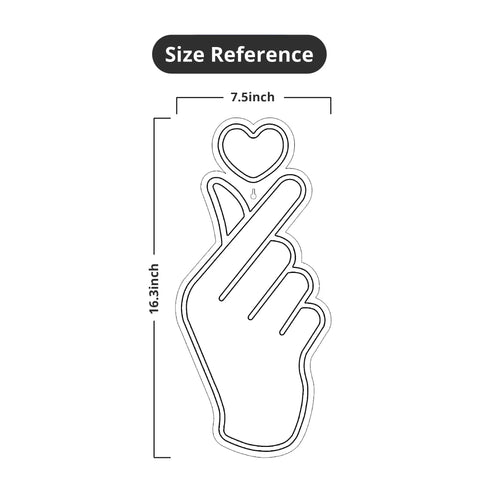 Size reference of Finger Heart Neon Sign In Pink And Warm White For Bedroom And Game Room LED Light Hand Gesture Decor.