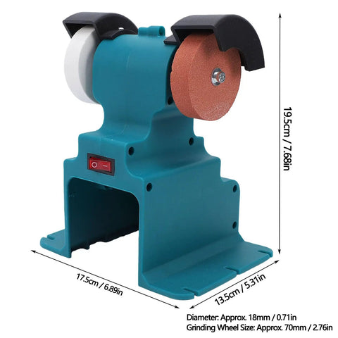Estink Mini Bench Grinder With 2 Batteries And 7000Rpm For Grinding Polishing Sharpening Metal Tools showing blue base and grinding wheels, dimensions labeled.