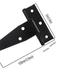 Eight Pieces Four Inch Galvanized T Shaped Hinge Set Including Triangular Hinge Slotted Bearing For Doors Iron Construction With Imitation Galvanized Coating Corrosion And Rust Resistant Fully Assembled And Easy To Install, front view with measurements.