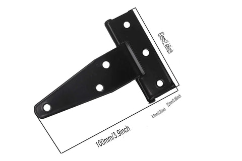 Eight Pieces Four Inch Galvanized T Shaped Hinge Set Including Triangular Hinge Slotted Bearing For Doors Iron Construction With Imitation Galvanized Coating Corrosion And Rust Resistant Fully Assembled And Easy To Install, front view with measurements.