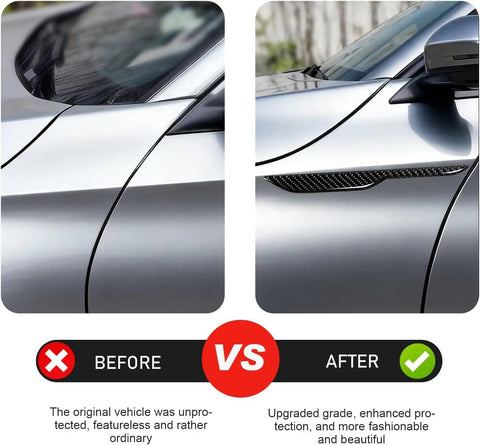 Custom Side Fender Trim For Tesla Cybertruck 2024 2025 2026 showing before and after installation comparison on vehicle side.