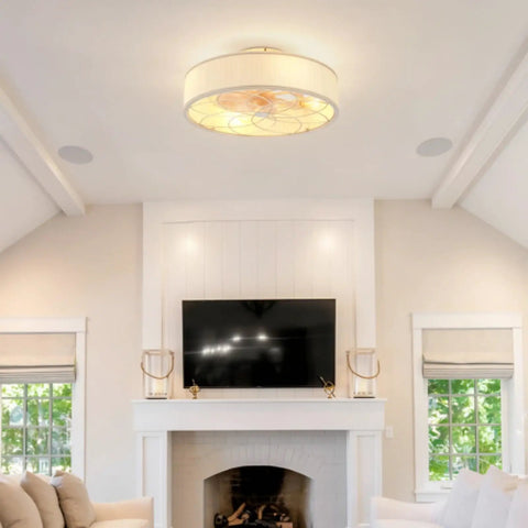 Yunstore mathishome Fabric-Style Bladeless Ceiling Fan with Remote Control (Bulb Not Included) mounted in a modern living room.
