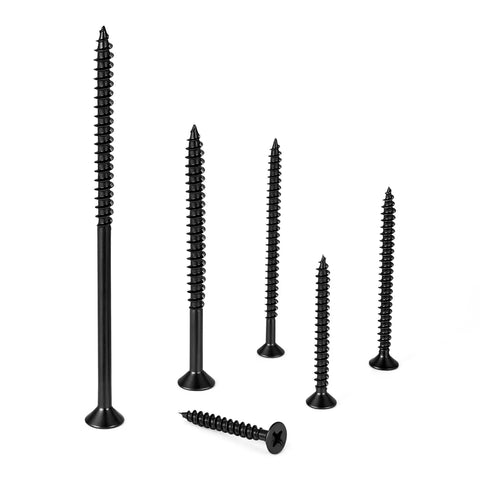Two Hundred Fifty Black Number Eight By One Inch Half Wood Screws Bulk Box For Cabinet Joinery And Furniture Assembly Crafted From Premium Carbon Steel, various sizes displayed