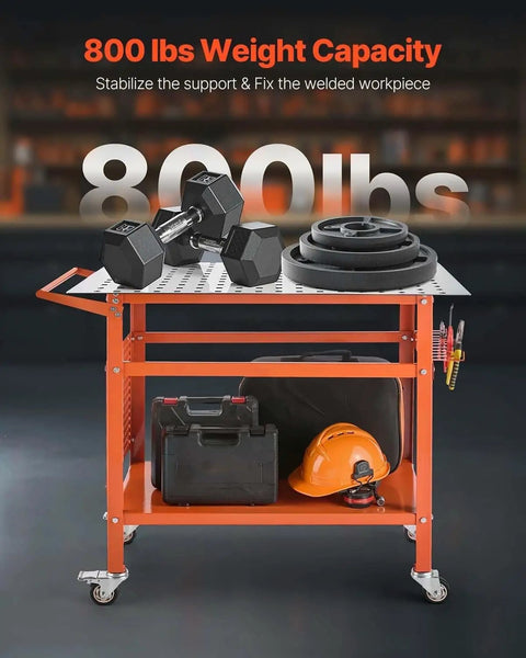 Beefy 40 By 24 Inch Welding Table With Smooth Roll Casters And Sturdy Tool Hooks 800 Lbs Heavy Duty Workbench with weights and tools.