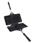 Badafaci Electric Panini Press Flip Iron Non Stick Double Griddle, black two-square design for toasted sandwiches and burgers.