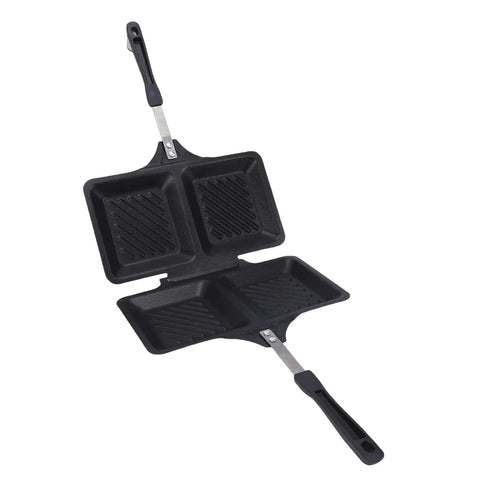 Badafaci Electric Panini Press Flip Iron Non Stick Double Griddle, black two-square design for toasted sandwiches and burgers.