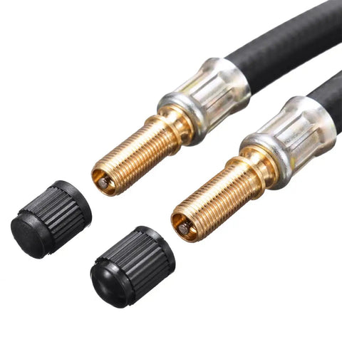 Close-up of Four Pack Car Tire Valve Extensions 8.25 Inch Flexible Valve Stem Extenders showcasing copper tips and rubber seals.