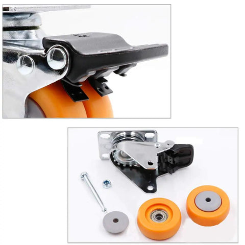4 Pack Yellow Swivel Caster Wheels With Locking Brakes Silent Double TPE Rubber Casters close-up on wheel components and chrome mounting.