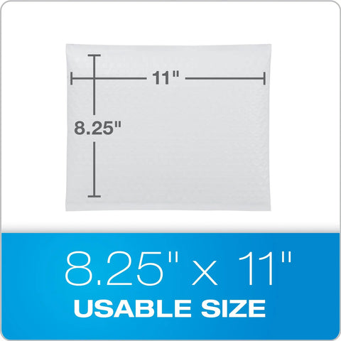 Image showing a white 8.25 x 11 bubble mailer with water-resistant exterior and cushioned padding, emphasizing its usable size.