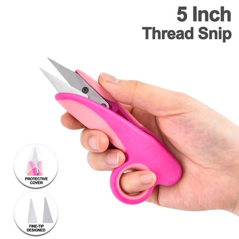 5 Inch Thread Snip with pink handle, fine-tip stainless steel blades, held in hand with protective cover