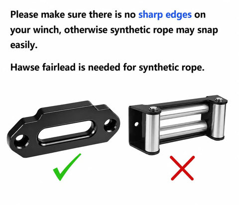Image showing correct and incorrect winch components for Three Sixteenth Inch By Fifty Feet Synthetic Winch Rope 8350 Lb Capacity.