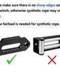 Illustration of a Hawse fairlead with check mark and roller fairlead with cross for use with Beefed Up Heavy Duty Synthetic Winch Rope.