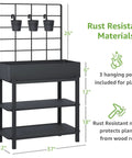 Metal Raised Garden Bed With Trellis And 2 Tier Storage Shelf showing dimensions and rust-resistant features