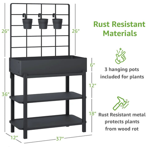 Metal Raised Garden Bed With Trellis And 2 Tier Storage Shelf showing dimensions and rust-resistant features