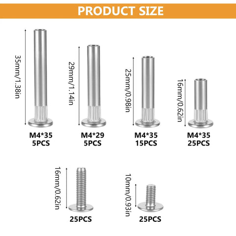 Pick Up These Built Like A Tank Rust Proof 100 Pieces M4 Cabinet Screws Furniture Connector Bolts Binding Barrels And Sleeves Iron Nickel Hardware For Wood Builds, size chart showing various screw lengths.